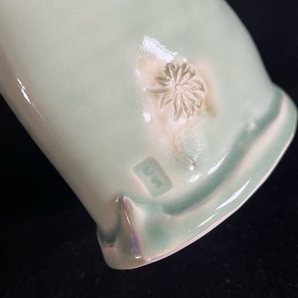 Pottery Vase CS Artisan Stamped Blue/Green/Brown 3D Floral accents. 8” H - Picture 4 of 11